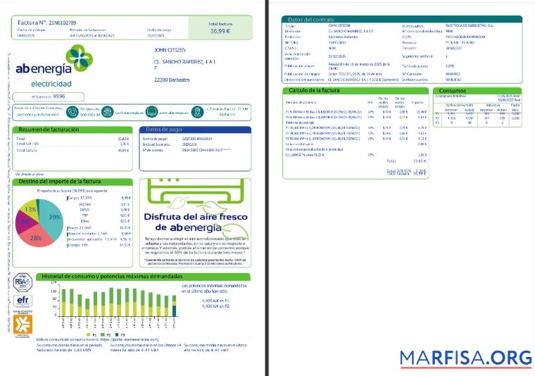 Downloadable Spain Abenergía utility bill template in Word and PDF formats, 1 2 pages